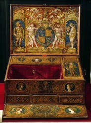 Skriveboks eller bord, formentlig malet af Lucas Hornebolte (c.1492-1544) c.1525-27 (valnød & eg med malet og forgyldt læder)