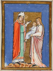 Yates Thompson 26 f.62v St. Cuthbert Healing a Child with the Pest, illustration fra 