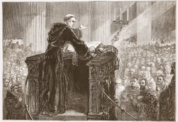 Zwingle prædiker i Zürich Cathedral, illustration fra The History of Protestantism af James Aitken Wylie (1808-1890), pub. 1878