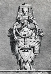 Antropomorf vase, græsk brud, gravering af Ennemond-Alexandre Petitot (1727-1801) fra Masquerade la Grecque, Suite des Vases and Cheminees, Parma