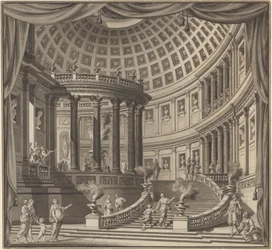 Design til et scenegardin: Det indre af et udførligt tempel dedikeret til illustere mænd