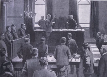 En retssag for forræderi i Bloemfontein, fra After Pretoria: The Guerilla War udgivet af Harmsworth Bros Limited, 1901