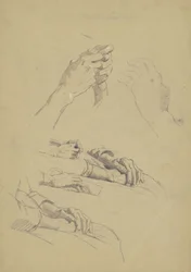 Seks studier af hænder, ca.1870-90 (grafit og kridt på solbrunt papir)