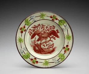 plade, c. 1818-1846 (blyglaseret fajance med transfertryk og emalje)