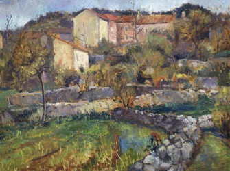 By i Karst, af Enrico Fonda (1892-1929), olie på pap, 69x89 cm. Italien, 20. århundrede.