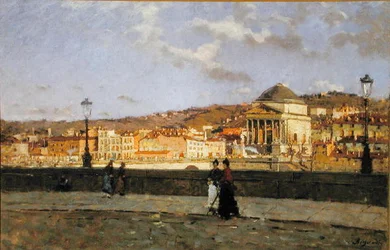 Kajen langs Po-floden og kirken Grande Madre di Dio, Torino, 1882