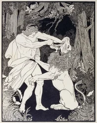 Tegning af Samson, der kæmper mod en løve (kobberstik)