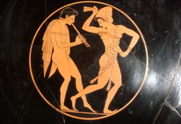 Drinking Cup, Kylix of Girl Dancing with Youth Playing Flute, Attic, c510 BC