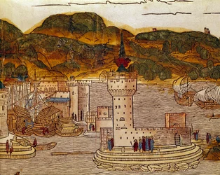 Udsigt over havnen i Candie (det nuværende Heraklion) på Kreta Side fra Rejsebogen "" Peregrinatio in Terram Sanctam""" efter pilgrimsrejsen i Bernard de Breydenbachs (Breidenbachs hellige land) (1454-1497) graveringer af Erhard Re
