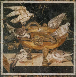 Fugle, der drikker af en skål. Mosaik fra Pompeji, Italien