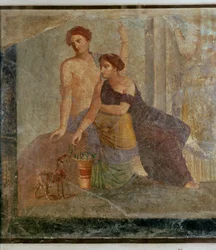 Fragment af et vægmaleri fra Pompeji: mystisk scene ...