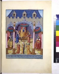 Hele siden: Kejser Karl V på tronen, ca. 1515 (temperamaleri)