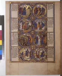 Helside: otte medaljoner med miniaturer, Aarons søster danser med en spillemand i hånden), ca. 1225-1250 (temperamaleri)