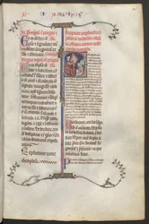 Helside: tekst og historiseret initial: siddende til venstre er kommentatoren Constantinus Africanus fra Montecassino
