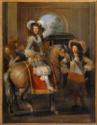 Adelsmand til hest med sit følge foran en gigantisk port - Gentilhomme à cheval et carrosse devant une porte monumentale ...