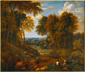 Paysage avec bergers et troupeaux dans un chemin forestier - Landskab med hyrde og flokke på en sti i skoven - ...
