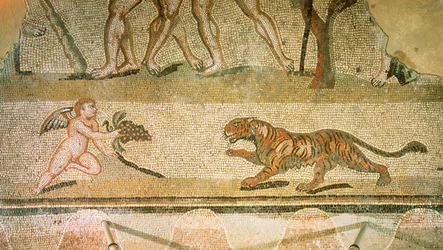 Putto og tiger. Mosaik fra Villa Hermes, Aquincum, Ungarn