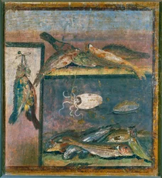 Stilleben med fugle, fisk og blæksprutte