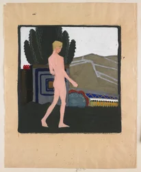Stående mandlig nøgen i et landskab, ca. 1914 (gouache på papir)