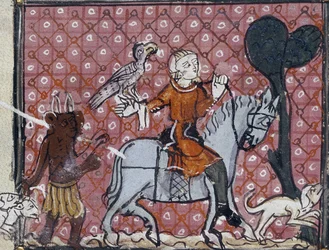 Roy 19 C I. Folio nr.: 204 De verdslige forfængeligheders synd: en rytter med sin høg og hund bliver opsøgt af en djævel. Et af et sæt, der illustrerer fristelserne, fra digte af Matfre Ermengaud, ca. 1300-1320
