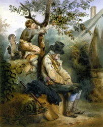 Børn, der stjæler æbler under den sovende bondes næse - litografi af Grenier, v.1840
