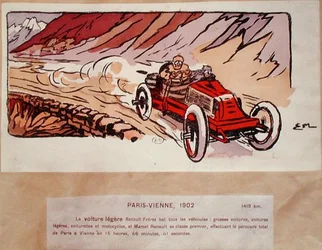 Marcel Renault (1872-1903) i sin Renault Freres, der konkurrerede i Paris-Wien-rallyet i 1902, ca. 1910 (farve litho)