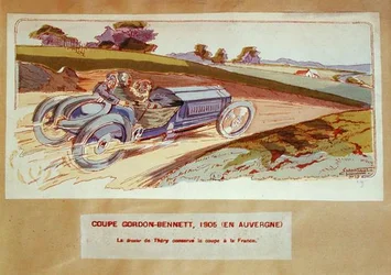Richard-Brasier-bilen kørt af Leon Thery under Gordon-Bennett-løbet i Auvergne i 1905, ca. 1910 (farve litho)