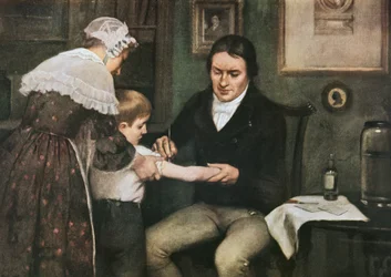 Dr. Edward Jenner (1749-1823) udfører sin første vaccination mod kopper på James Phipps, dreng på otte, 14. maj