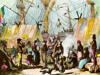 Familier af emigranter slog lejr ved havnen i Le Havre. Gravering af Ernest Charton (1813-1905) Gravering af det 19. århundredes privatsamling