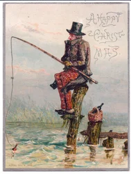 Et victoriansk julekort af en victoriansk mand, der sidder på en træstub og fisker, ca. 1880