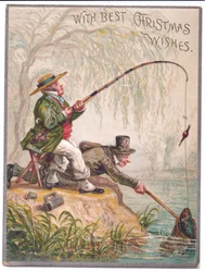 Et victoriansk julekort af to mænd, der fisker ved floden, ca. 1880