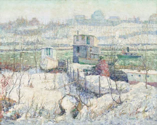 Bådehus, vinter, Harlem River, ca. 1916 (olie på lærred)