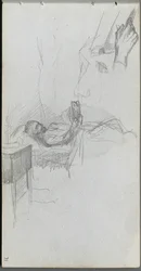 Skitsebog, side 71: Studie af en figur, der læser i sengen, undersøgelse af en hånd.