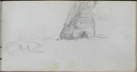 Skitsebog, side 84: Figurstudie, undersøgelse af et skib.