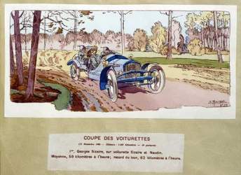 Bilvæddeløb: snittet af vogne i 1906 - tegning af Ernest Montaut (1878-1909).