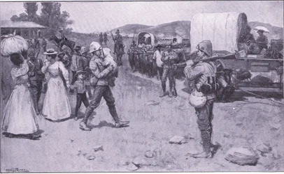 Britiske soldater hjælper boer-flygtninge, illustration fra After Pretoria: The Guerilla War, 1902