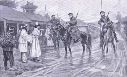 Kosakspejdere indsamler information fra en koreansk fange, illustration fra Cassells History of the Russo-Japanese War Vol 1, ca. 1900