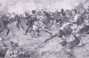 Galant anklage for London Scottish, fra History of the Great War Vol 3 udgivet af Waverley Book Co Limited, ca. 1920