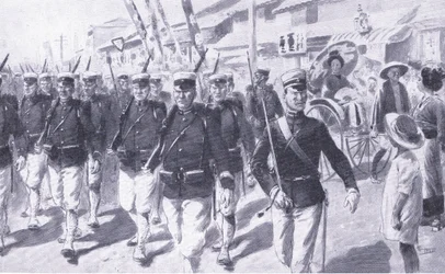 Japanere marcherer gennem Tokio, illustration fra Cassells History of the Russo-Japanese War Vol 1, ca. 1900