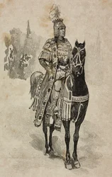 Hertug af Aosta Emanuele Filiberto af Savoyen i kostume af Umberto Biancamano ved Villa Borghese-turneringen i anledning af sølvbryllup af Umberto I og Margherita af Savoyen, Rom, Italien
