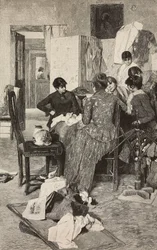 El me dise la so rossa, kvinde læser brev, fra maleri af Giacomo Favretto, gravering af Ernesto Mancastropa fra L