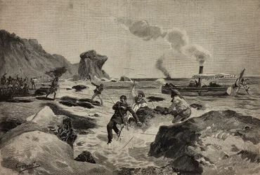 Drabet på løjtnant Carlo Zavagli (1867-1890) i Warsheikh i Somalia, 24. april, gravure af Ernesto Mancastropa efter tegning af Gennaro Amato, fra L