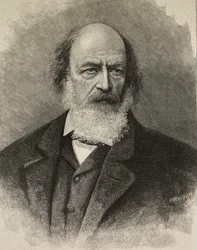Portræt af Alfred Tennyson (1809-1892), britisk digter, gravering af Ernesto Mancastroppa fra fotografi af Barraud, fra L