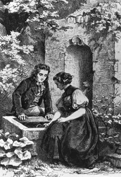 Hermann og Dorothy ved springvand, illustration til Hermann og Dorothea, idyl af Johann Wolfgang von Goethe (1749-1832), gravering efter tegning af Ernst Bosch (1834-1917)