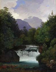 Bjergdal med et vandfald