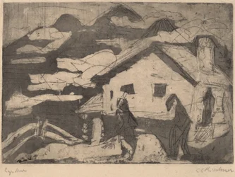 Alpehytter i tåge, 1920.