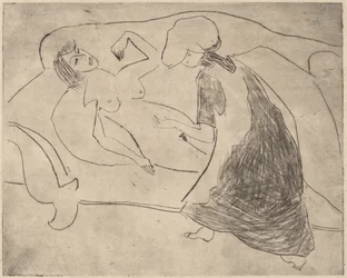 Pige, med en anden, der gnider hendes mave, 1910.