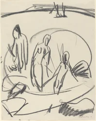 Tre badende i havet, ca. 1914.