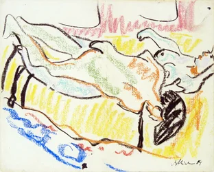 Forelsket par på værkstedet. To nøgenbilleder. (Kærlighedspar i studiet. To nøgenbilleder). Værk af Ernst Ludwig Kirchner (1880-1938), pastel på papir