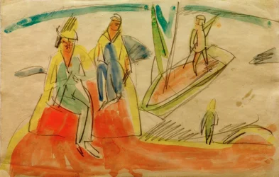 Folk og båd på stranden